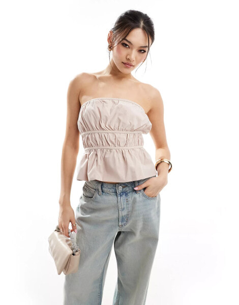 ASOS DESIGN bubble hem shirred bandeau top with tie back in stone