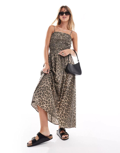 ASOS DESIGN poplin shirred maxi dress in leopard print