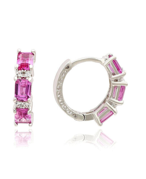 Pink Sapphire & Lab-Grown White Sapphire Emerald-Cut Huggie Hoop Earrings in Sterling Silver by Suzy Levian