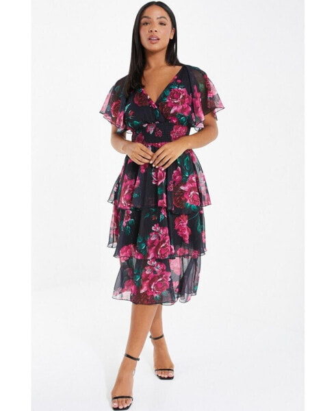 Women's Floral Printed Chiffon Glitter Tiered Midi Dress