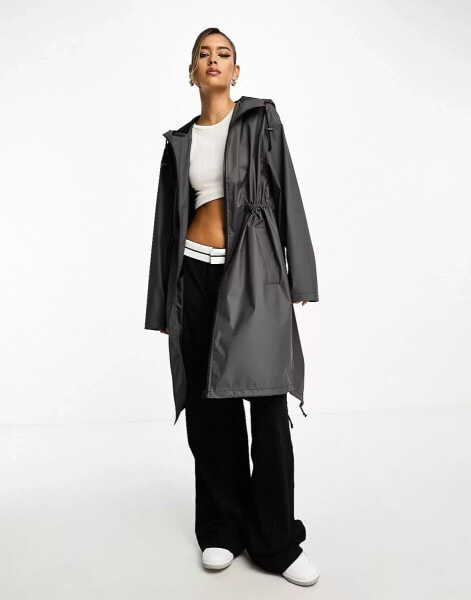 ASOS DESIGN midi rubberised rain coat with dipped hem in charcoal