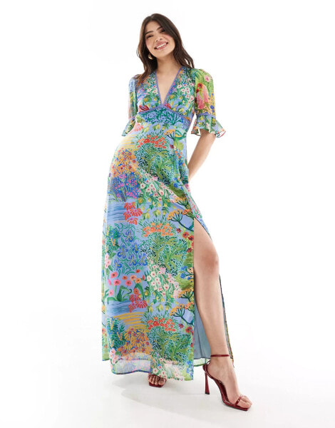 Hope & Ivy plunge maxi dress with fluted sleeves in blue floral