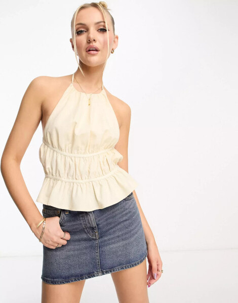 Daisy Street linen halter neck ruffle detail backless top