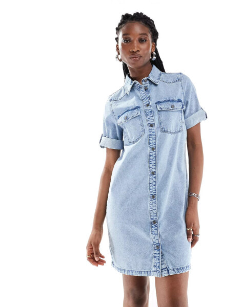 Noisy May denim mini shirt dress in lightwash blue