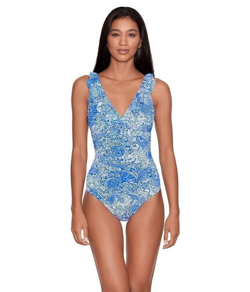 LAUREN Ralph Lauren Artisanal Woodblock Surplice One-Piece Swimsuit Size 12