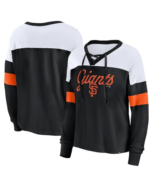 Women's Black, White San Francisco Giants Even Match Lace-Up Long Sleeve V-Neck T-shirt