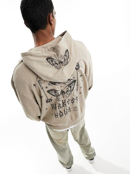 ASOS DESIGN oversized hoodie with back print and butterfly embroidered hood in brown