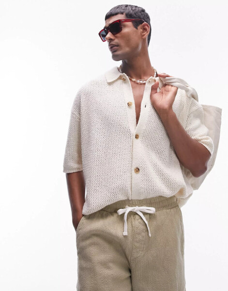 Topman button through crochet shirt in ecru