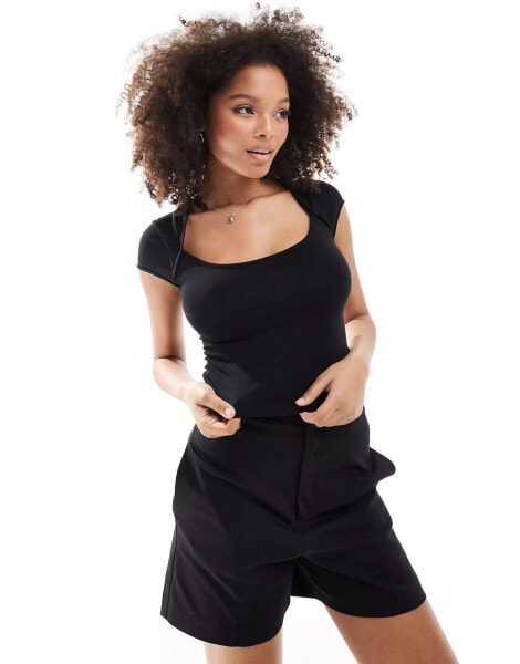 Pimkie slinky scoop neck cap sleeve top in black