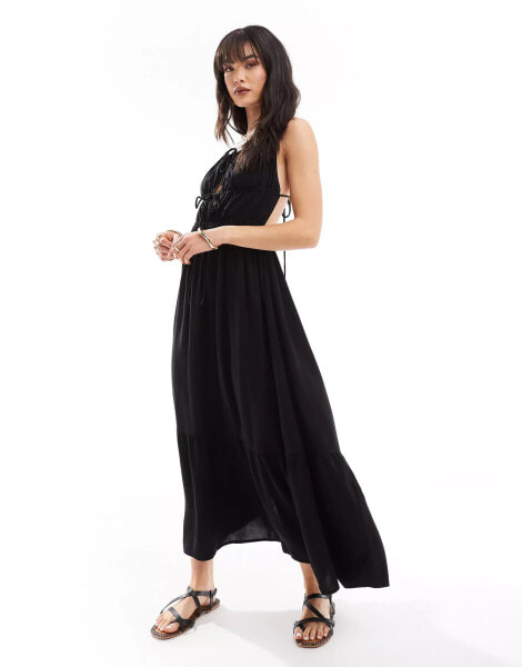 Esmee tie front cut out tiered maxi strappy beach dress in black