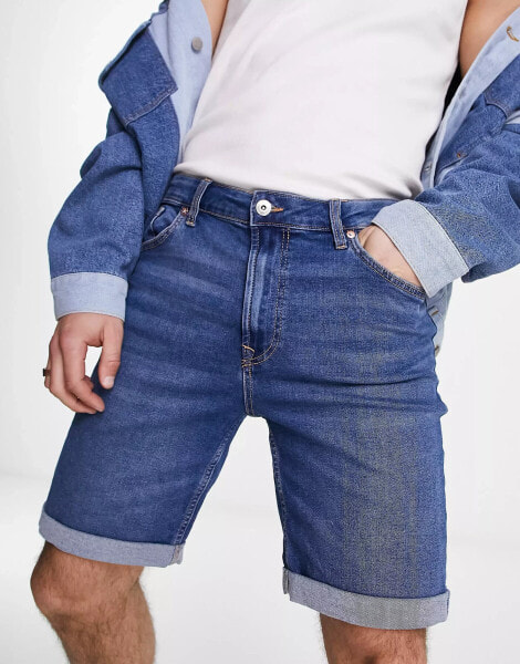 Bershka denim roll up shorts in dark blue