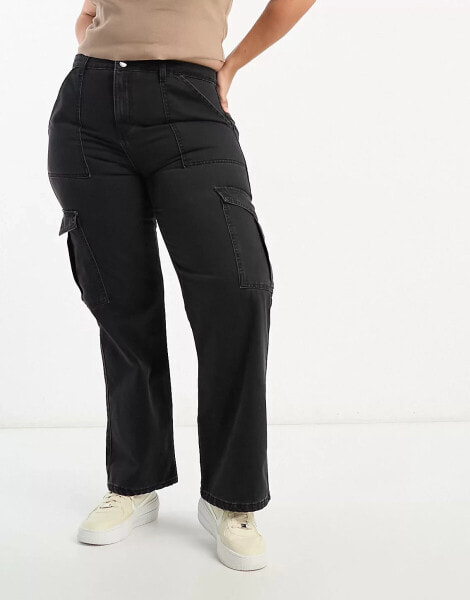 DTT Plus Elle high waisted wide leg cargo jeans in washed black