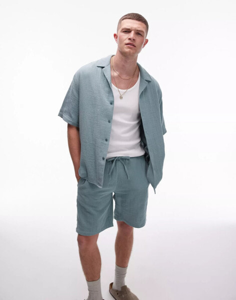 Topman co-ord short sleeve cheesecloth relaxed shirt in sage