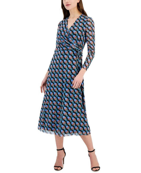 Women's Printed Faux-Wrap Midi Dress