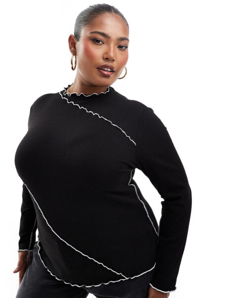 Pieces Curve long sleeved top with contrast lettuce edge detailing in black