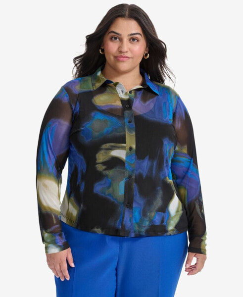 Plus Size Mesh Printed Shirt