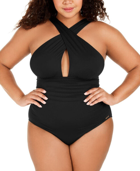 Michael Kors Womens Plus Size Keyhole Tummy Control One Piece Swimsuit Black 18W