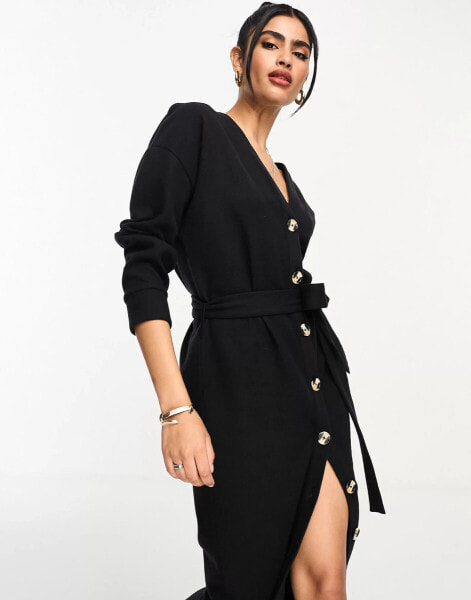 ASOS DESIGN supersoft button through maxi cardigan belted dress in black