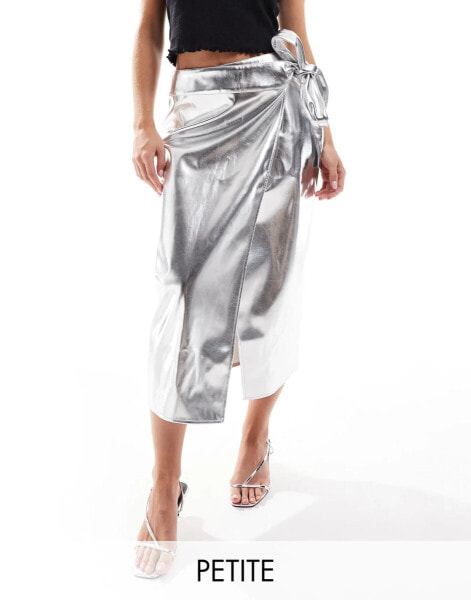 Never Fully Dressed Petite Jaspre PU midi skirt in silver