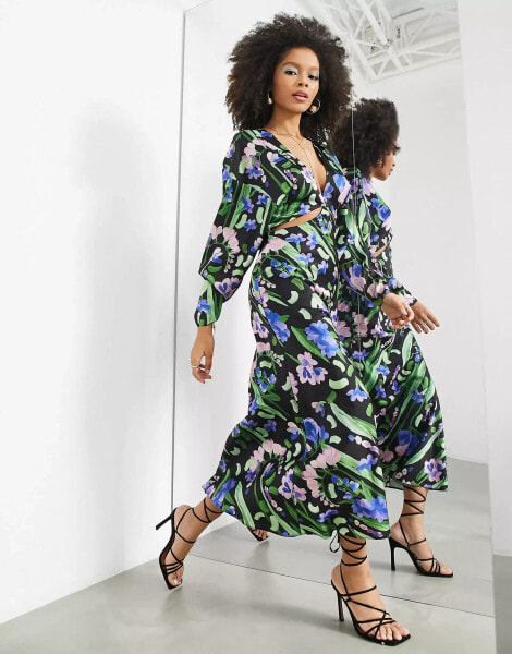 ASOS EDITION – Satin-Maxikleid mit Zierausschnitt und Blumenmalereidruck