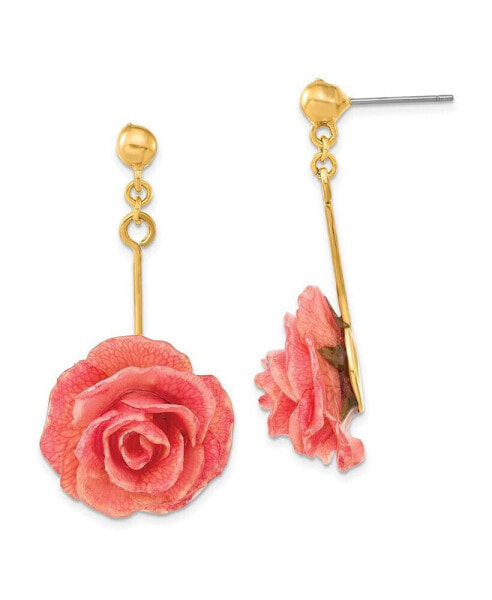 Lacquer Dipped Pink Real Rose Gold-tone Dangle Post Earrings