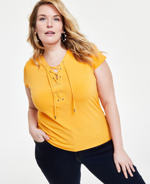 Plus Size Lace-Up-Neck Short-Sleeve Top, Created for Macy's