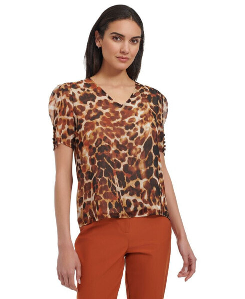 Petite Animal Print Puff-Sleeve Blouse