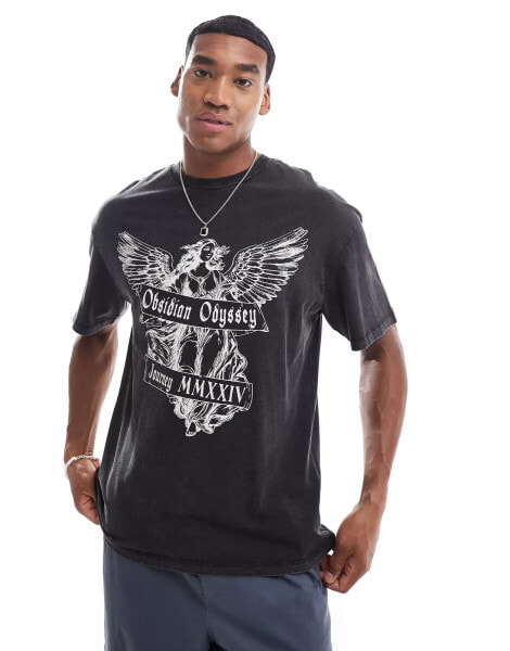 ADPT oversized t-shirt with angel chest print in black wash