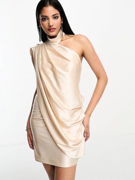 ASOS DESIGN one shoulder super draped asymmetric neck cowl back mini dress in stone