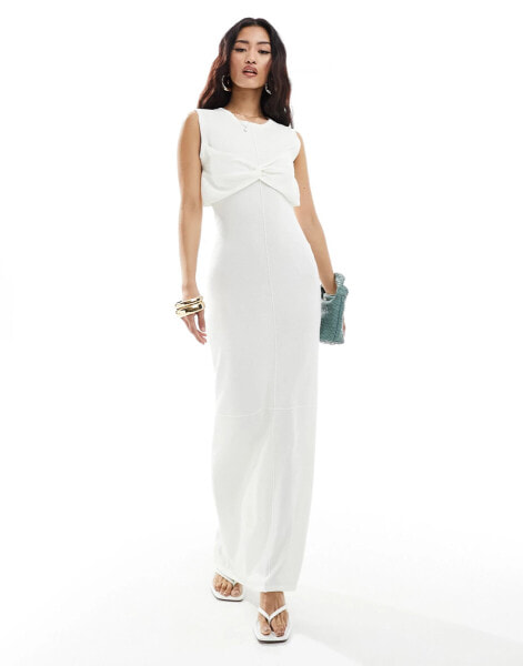 4th & Reckless semi sheer twist bust detail maxi dress with front seam in white