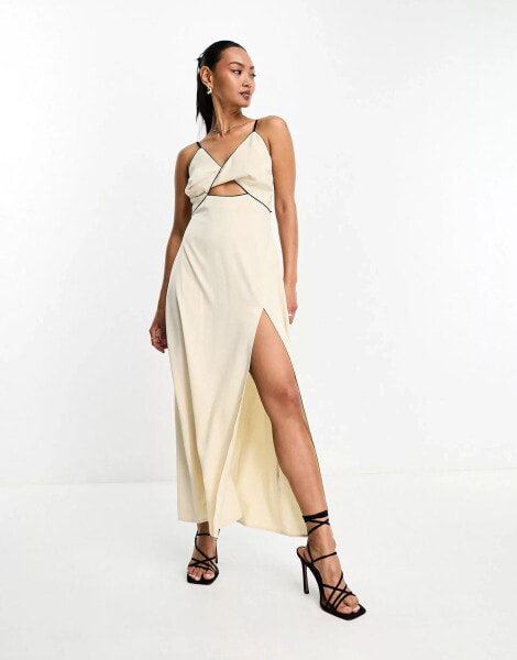 In The Style exclusive twist detail contrast trim maxi dress in cream