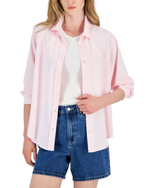 Juniors' Button-Up Long-Sleeve Boyfriend Shirt