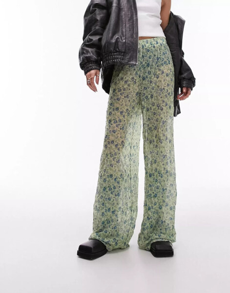 Topshop ditsy floral sheer crinkle trouser in green