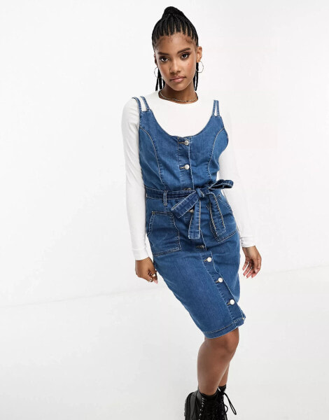 DTT denim buckle strap midi dress with tie waist in mid blue