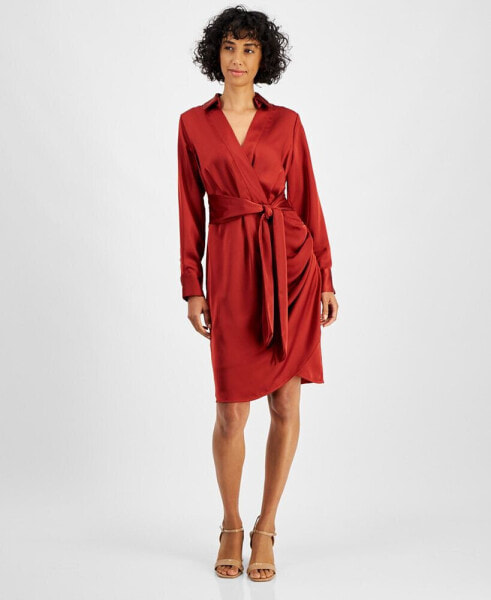 Women's Collared Long-Sleeve Wrap Dress