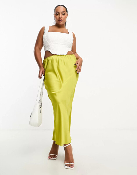 ASOS DESIGN Curve satin midi bias skirt in khaki