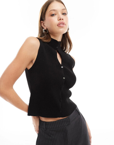 ASOS DESIGN knitted button through tank top with key hole detail in black