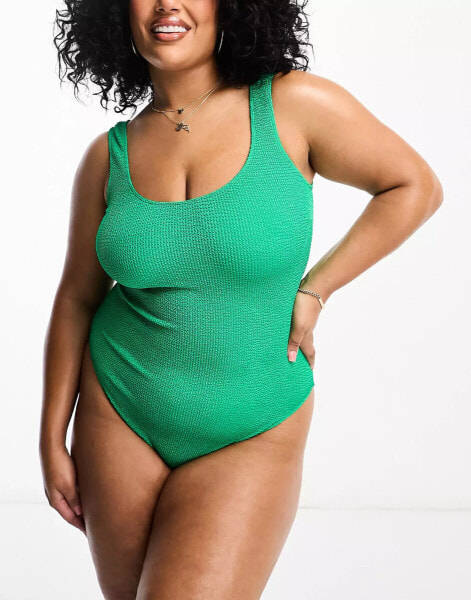 ASOS DESIGN Curve crinkle scoop low back swimsuit in jewel green