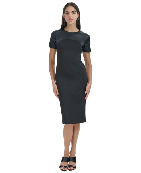 Women's Faux-Leather-Trim Sheath Dress