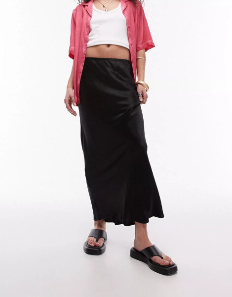 Topshop satin bias midi skirt in black