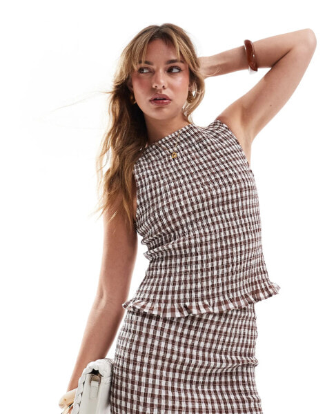 ASOS DESIGN shirred slash neck top co ord in brown gingham