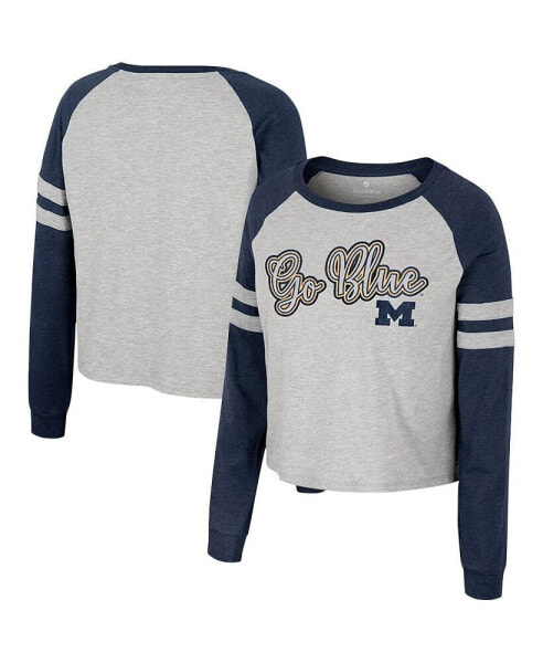 Women's Heather Gray Michigan Wolverines I'm Gliding Here Raglan Long Sleeve Cropped T-shirt