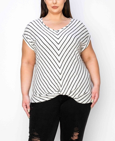 Plus Size Pointelle Stripe Mitered Twist Front Top