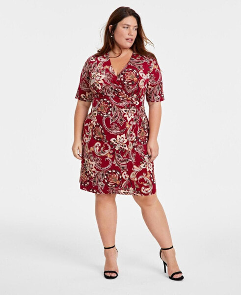 Plus Size Printed V-Neck Side-Shirred Dress