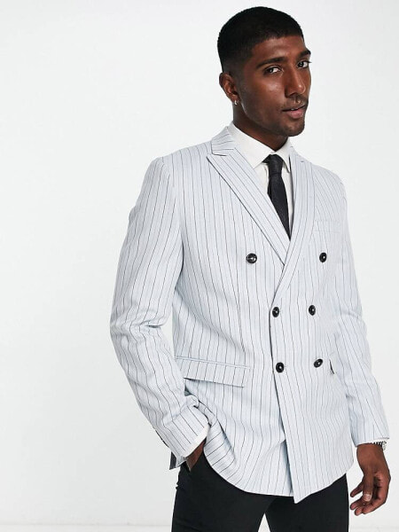 Jack & Jones Premium double breasted suit jacket in light blue stripe 