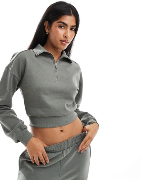 Miss Selfridge half zip crop sweatshirt co-ord in sage