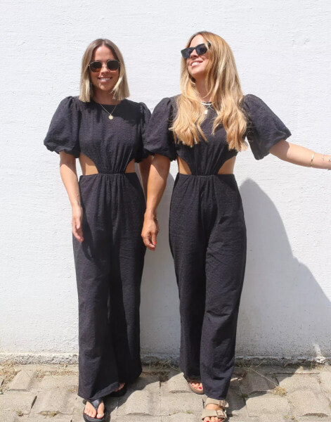 Labelrail x Collyer Twins broderie puff sleeve cut-out detail jumpsuit in black