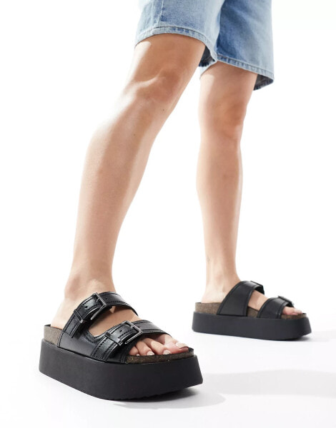 Stradivarius two strap buckle sandal in black