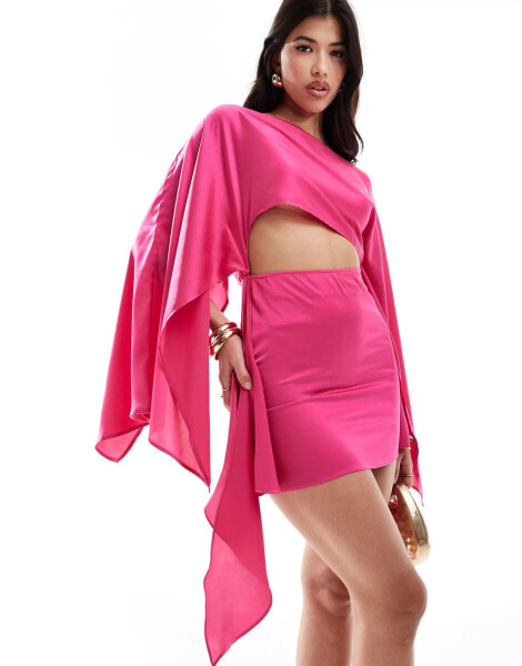 Aria Cove satin kimono sleeve cut out tie front mini dress in pink