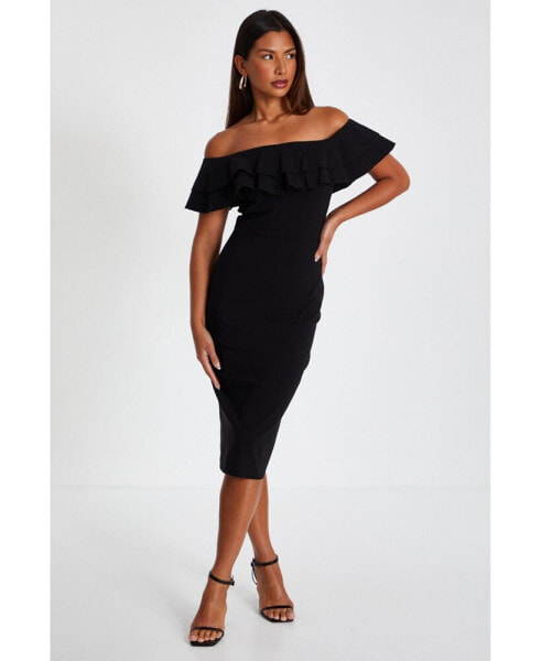 Women's Bengaline Ruffle Bardot Midi Bodycon Dress